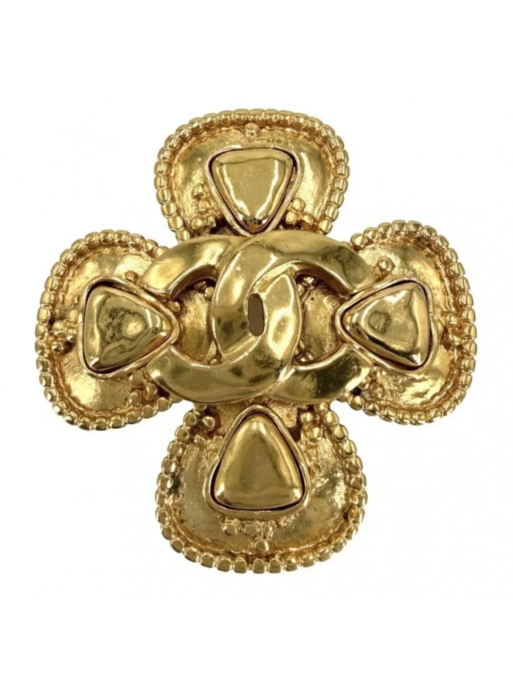 Chanel Brooch Clover CC Logo Vintage Gold Plated